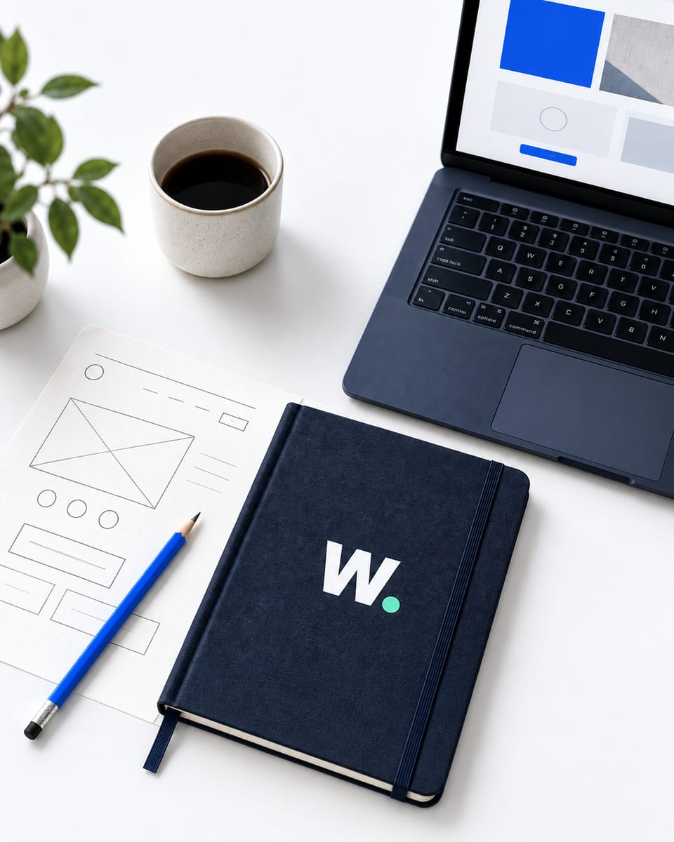Werkplek van Built by West: een donkerblauw notitieboek met de W, een potlood, een wireframe-schets, koffie en een laptop met een webshop
