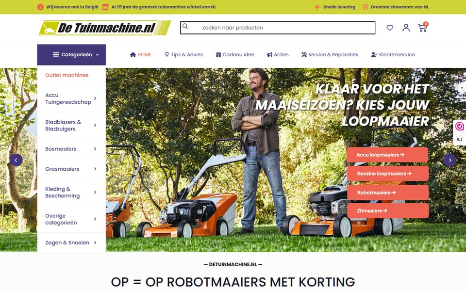 Homepage van detuinmachine.nl: zoekbalk, categoriemenu met tuinmachines en een banner over loopmaaiers