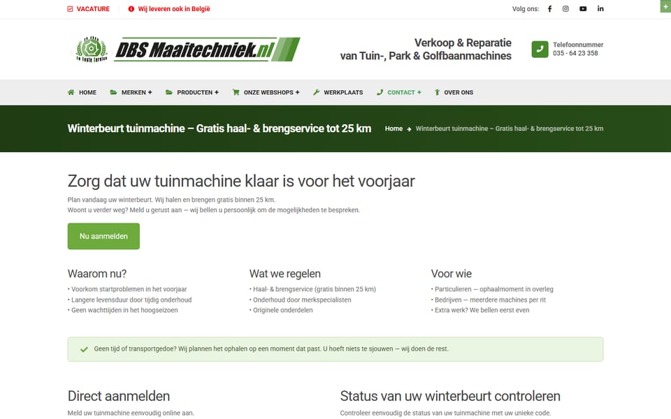 Winterbeurtpagina op dbsmaaitechniek.nl met de knop Nu aanmelden en uitleg over de haal- en brengservice